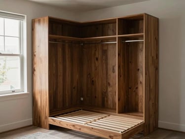 Corner-angle environmental shot of a fully assembled wardrobe and bed frame in a tidy bedroom, natural window light from the left, no people present