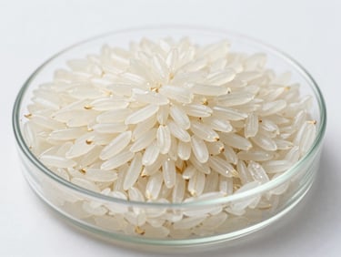 Close-up of premium white Basmati rice grains in a sterile laboratory dish, bright clean white lighting.