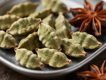 Macro shot of whole green cardamom pods and star anise on a dark metal tray, natural crisp daylight.