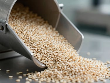 Close-up of clean, uniform sesame seeds spilling from a modern processing chute, industrial hygiene setting.