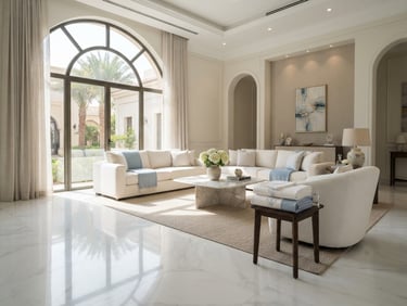 Bright sunlit high-end residential living room in Medina, natural window daylight pouring in, pristine polished marble floor, neatly folded linens on a side table, clean white and soft blue tones, professional airy interior photography, 35mm lens