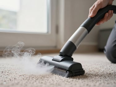 Steam wand releasing visible vapor into carpet fibers during active cleaning, close-up macro shot, technician's hand gripping the wand handle, bright natural light from a side window