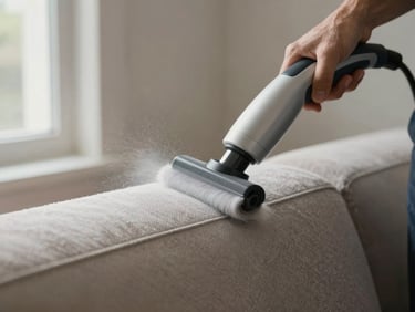 Technician applying upholstery cleaning tool to a fabric sofa cushion, close-up of the extraction nozzle pulling moisture from the fabric, bright window light from the left side