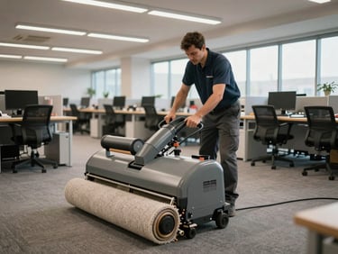 Wide shot of a technician operating a large commercial carpet extractor in an open-plan office space, rows of desks visible, overhead fluorescent and natural window light illuminating the work area