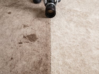 Before-and-after split view of a carpet section showing a dark pet stain on the left and clean light-colored carpet on the right, natural daylight overhead, technician's gloved hand visible at the edge