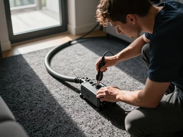 Wide-angle overhead view of a technician using a professional deep-extraction unit on dark carpet in a living room, strong natural light from a glass door, machine hose trailing across the floor