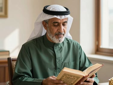 A warm, respectful portrait of a mature Arabic scholar in traditional attire, reading a classical text under soft natural window light.