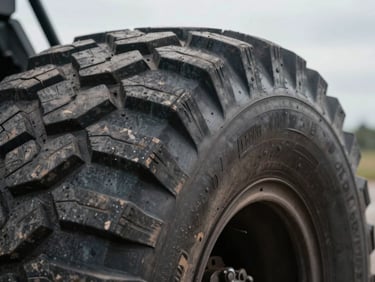 Macro close-up of deep tread pattern on a heavy-duty mining truck tire, high contrast overcast daylight