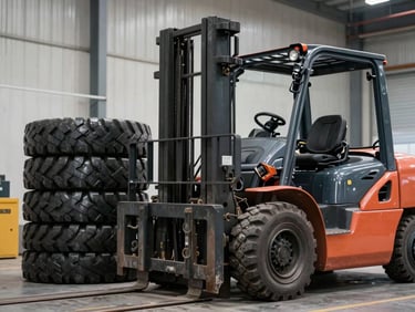 Industrial forklift tire stacked in a clean warehouse environment, sharp focus on heavy-duty side walls