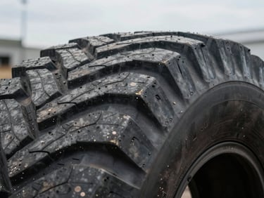 Macro close-up shot of massive OTR tire tread depth, showing rugged rubber compound texture, high-contrast overcast daylight, industrial scale.