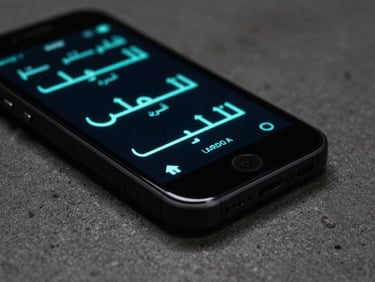 Macro close-up of a physical mobile device resting on a dark concrete desk, showing a high-performance custom Arabic user interface with sharp neon teal accents, low-key studio lighting, 35mm lens
