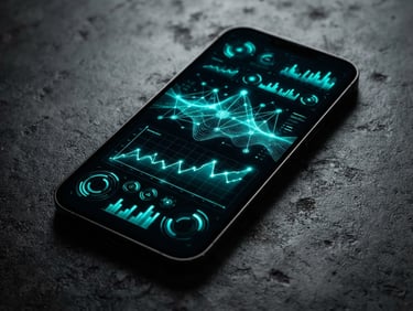 Macro close-up of an iPhone screen displaying a high-fidelity dark mode interface with neon teal data graphs, resting on a dark concrete surface, dramatic studio lighting.