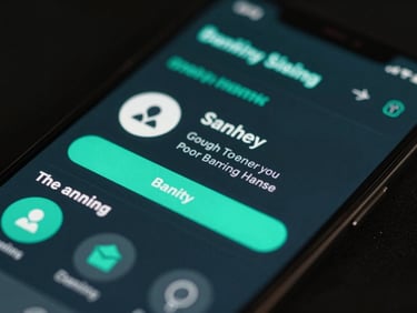 Macro close-up of a physical mobile device showing a custom banking app interface, dark mode UI with sharp teal accents.