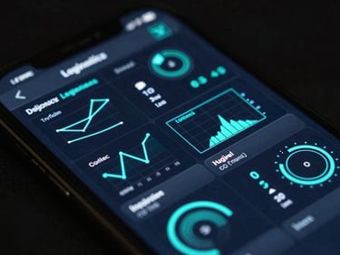 A high-resolution mobile screen displaying a real-time logistics dashboard with sharp neon teal telemetry plots.