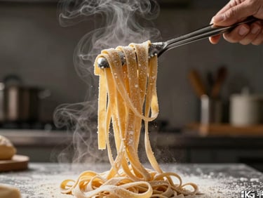 Close-up of premium artisanal pasta being lifted with tongs, steam rising, dramatic low-key kitchen lighting