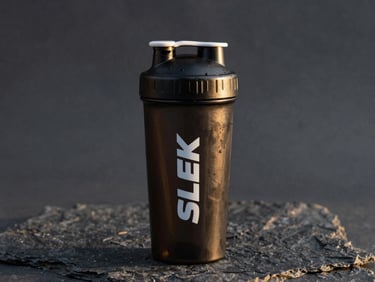 Sleek modern protein shaker bottle with matte black texture, sharp golden-hour rim lighting on a dark stone background