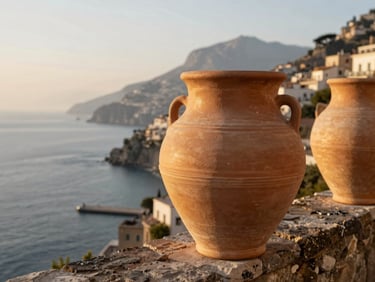 Close-up of sun-baked terracotta pottery on a stone wall overlooking the Amalfi coast, warm golden hour light.