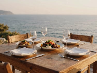 Intimate wooden dining table overlooking the sea, fresh regional dishes, soft golden hour glow.