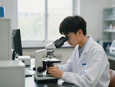 A bright school science lab with modern equipment, a student focused on a microscope under soft window daylight, clean academic setting