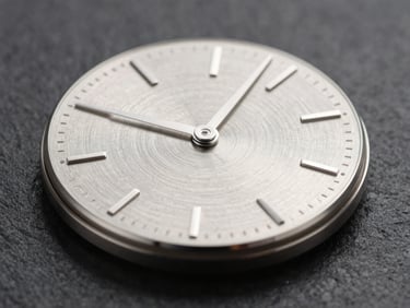 Macro product shot of a brushed steel watch dial, sharp studio lighting, dark slate background, high contrast reflections, 16:9 landscape