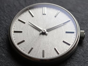 Close-up of a minimalist silver wristwatch with a brushed metallic dial and sleek silver hands.