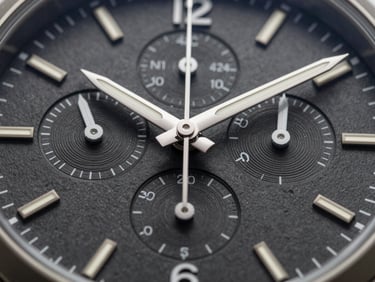 Close-up of a premium chronograph watch dial, metallic reflections on hands, sharp studio strobes, dark slate background, landscape aspect