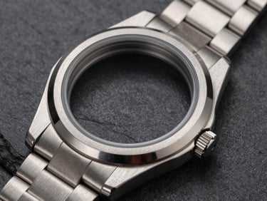 Macro product photography of a brushed-steel watch casing, sharp studio lighting, dark slate background, metallic reflections, high contrast
