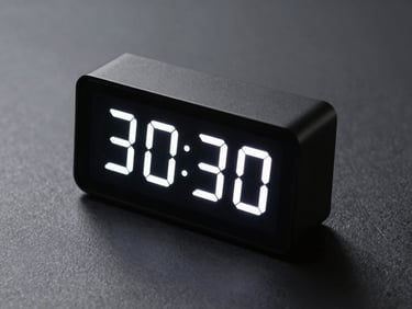 Minimalist digital desk timepiece with crisp white LED interface, matte black casing, sharp studio lighting, high contrast, landscape aspect