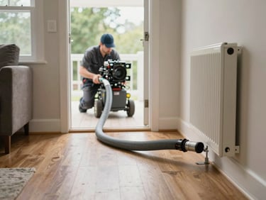 Wide shot of a technician connecting a large-diameter vacuum hose to a floor register in a real home living room, the hose running toward a truck-mounted unit visible through an open front door, natural daylight from windows