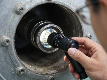 Close-up macro shot of a technician holding an inspection camera up to a metal duct opening, task lighting illuminating the dark interior, dust and debris visible on the duct walls in sharp focus