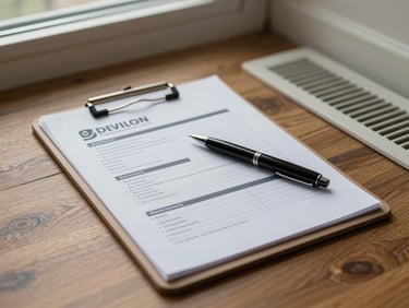 Close-up of a printed job summary sheet resting on a clipboard beside a clean vent register on a hardwood floor, natural side-window light casting a soft shadow, a pen lying across the page