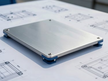 Technical blueprint diagram of a modular truck scale foundation, clean lines, engineering style, blue and grey accents