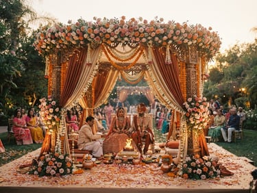 Cinematic wide shot of a beautifully decorated Indian wedding mandap under soft golden hour light, warm editorial photography, 35mm film look