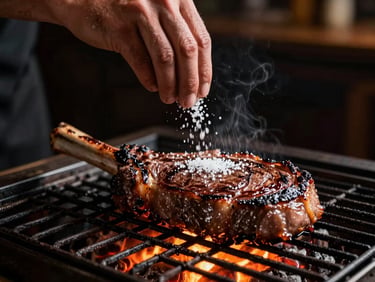 Close-up of a parrillero's hand sprinkling coarse sea salt over a thick ribeye steak on a hot iron grill, glowing embers below, warm low-key lighting, dramatic shadows, 35mm lens