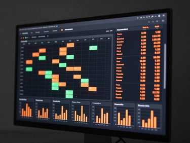 Full-screen dashboard mockup on a dark monitor, showing real-time appointment data: a calendar grid with color-coded booking slots, a sidebar panel with live message counts and response-time metrics highlighted in neon orange, and a bottom row of small bar charts tracking daily booking volume — screen-lit studio lighting, close-up framing on the monitor display with soft orange glow on active data points, dark charcoal background surrounding the screen