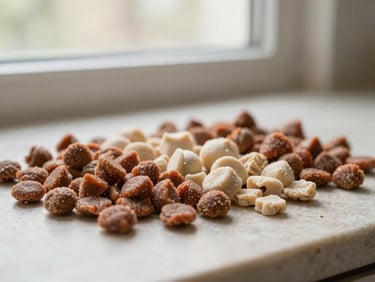 Close up of high quality raw pet food ingredients on a stone counter, soft natural window light, shallow depth of field