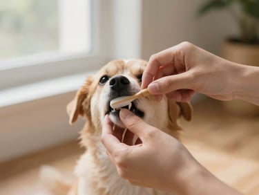 Hands gently cleaning a small dog's teeth with a soft brush, warm natural light, authentic step-by-step care demonstration