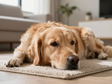 A calm golden retriever resting its head on a soft rug in a modern living room, warm morning light, eye-level angle
