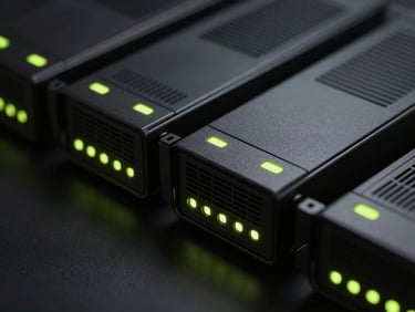 Close-up of high-end server hardware with subtle neon lime indicator lights, dark dramatic shadows, studio lighting, minimalist tech aesthetic