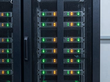 Symmetric straight-on shot of an enclosed server rack cabinet with glowing green and amber status lights, clean dust-free environment