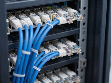 Close-up of perfectly organized blue and white ethernet cables routed neatly into a server rack, clean cable ties, professional enterprise server room installation