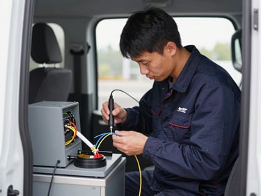 A technician splicing fiber optic cables using a precision fusion splicer inside a clean utility van, bright focused lighting