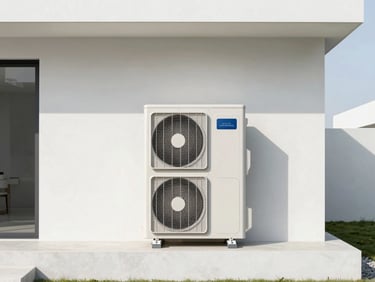 Sleek, modern heat pump outdoor unit seamlessly integrated into a minimalist new build home exterior, bright daylight, cool desaturated tones, sharp focus, 35mm