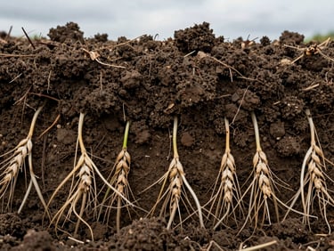 A macro close-up of dark, rich loam soil structure with healthy wheat root systems visible, captured under diffuse natural overcast daylight.