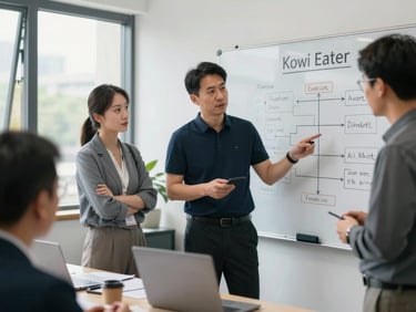 A bright offline corporate workshop in Foshan, local business owners actively discussing around a whiteboard with flowcharts, natural daylight, professional down-to-earth atmosphere