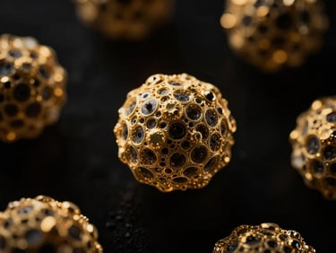 Dark luxury macro photography of golden microscopic cellular structures, high-contrast low-key lighting, deep black background, 85mm