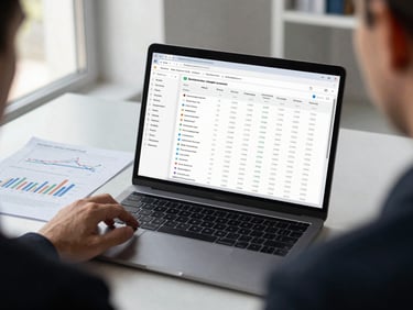 Over-shoulder perspective of an advisor at a laptop reviewing a financial dashboard with client data rows and metric columns visible on screen, office interior with daylight from a side window, papers with annotated figures on the desk