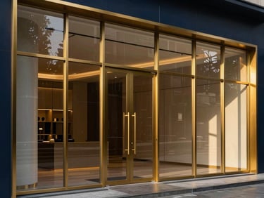 Luxury modern showroom interior in Kolkata with floor-to-ceiling glass partitions and gold-anodized aluminium window frames, soft ambient lighting