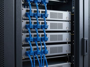 Sleek technical photography of server racks with immaculate blue cabling, sharp focus, cool slate gray tones, 35mm