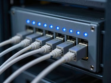 Macro detail of a secure optical fiber patch panel in a dark server rack, subtle blue status LEDs, sharp technical focus, 35mm